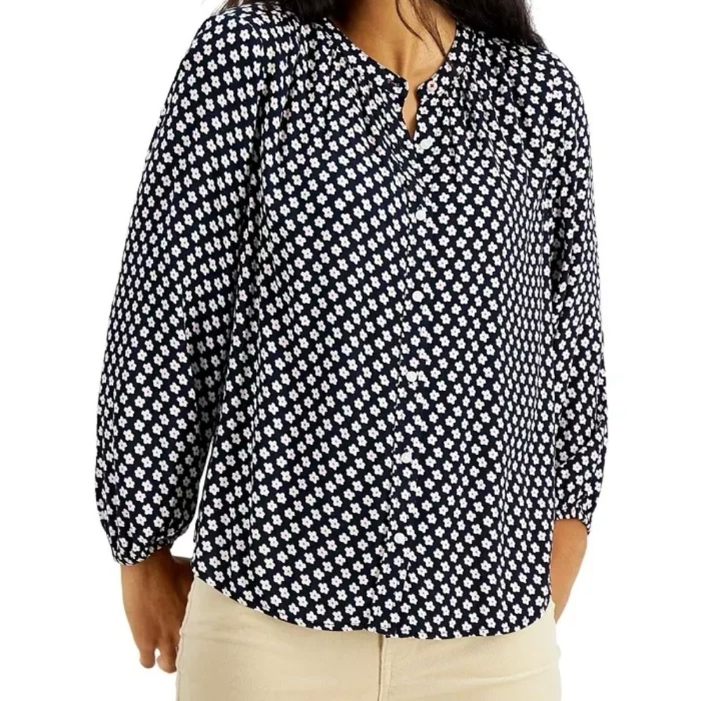 Tommy Hilfiger Black Floral-Print Poet Button Down Front Blouse Sz‎ M